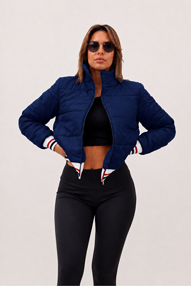Women's Short Puffer Coat Stand Collar Zippered Bomber Jacket