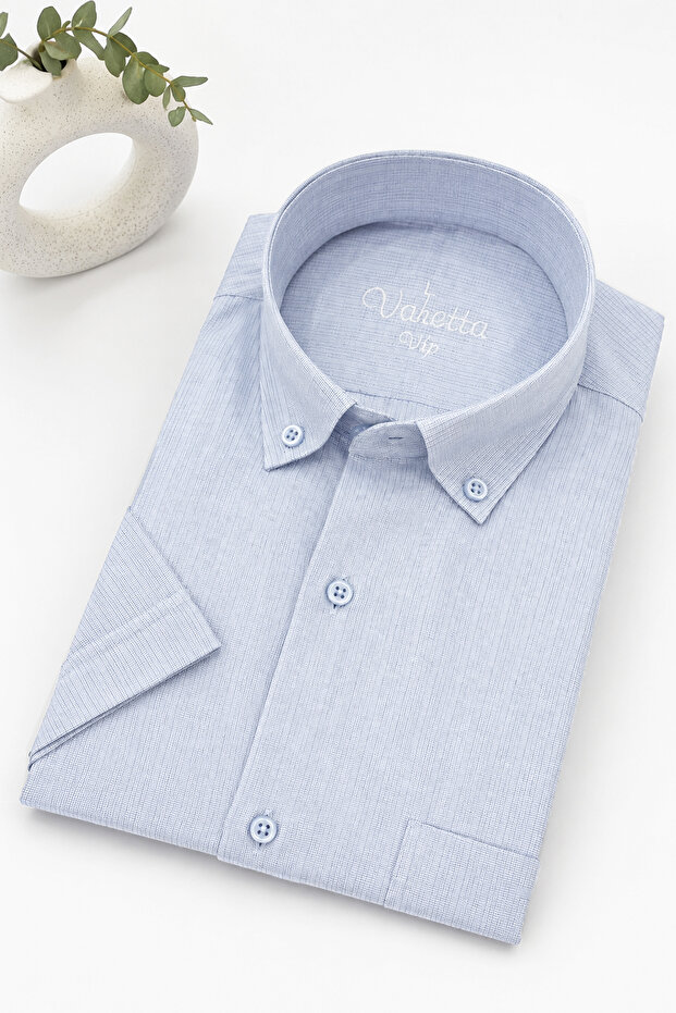 Light Blue Short Sleeve Men's Shirt Single Pocket Comfortable Fit Cotton Textured Fabric Trend Style
