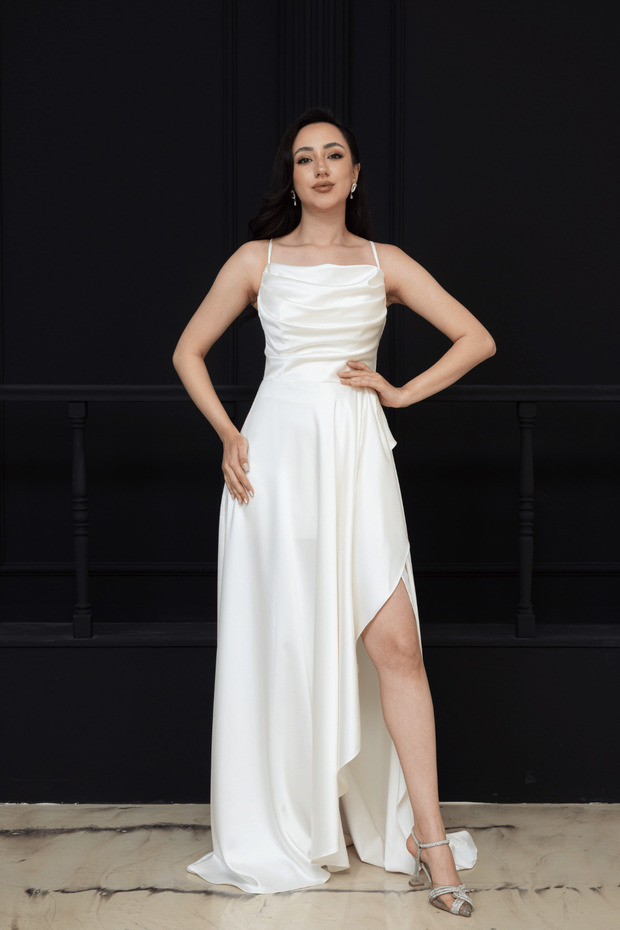 Satin Backless Long Evening Dress with Drawstring - White