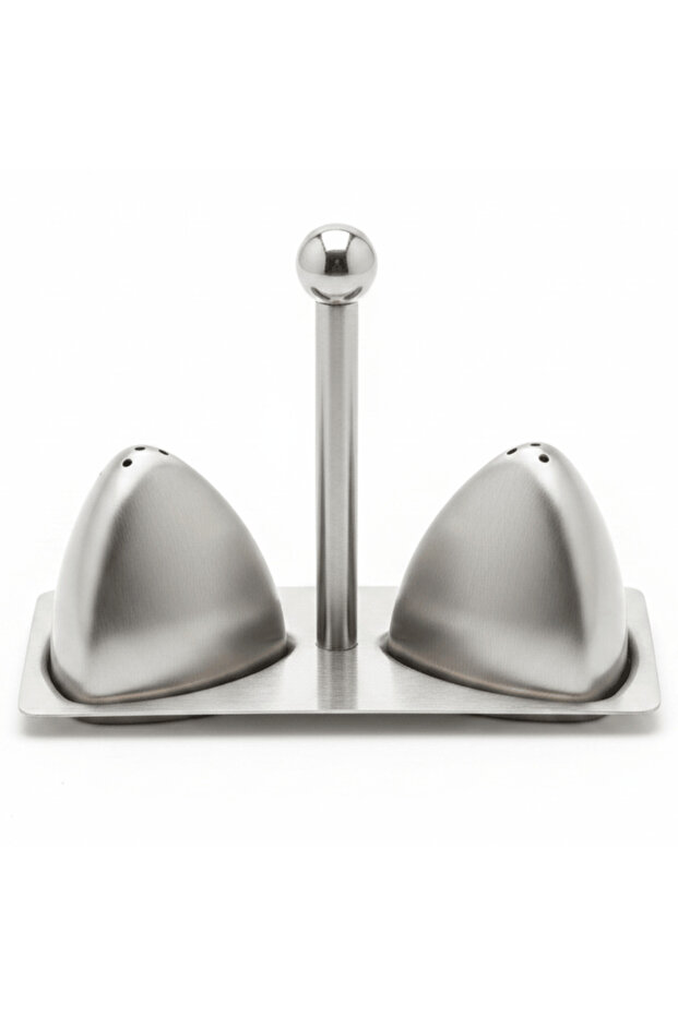 Stainless Steel Salt & Pepper Shaker Set with Stand | Brushed Silver | 6×2 cm & 7×5 cm