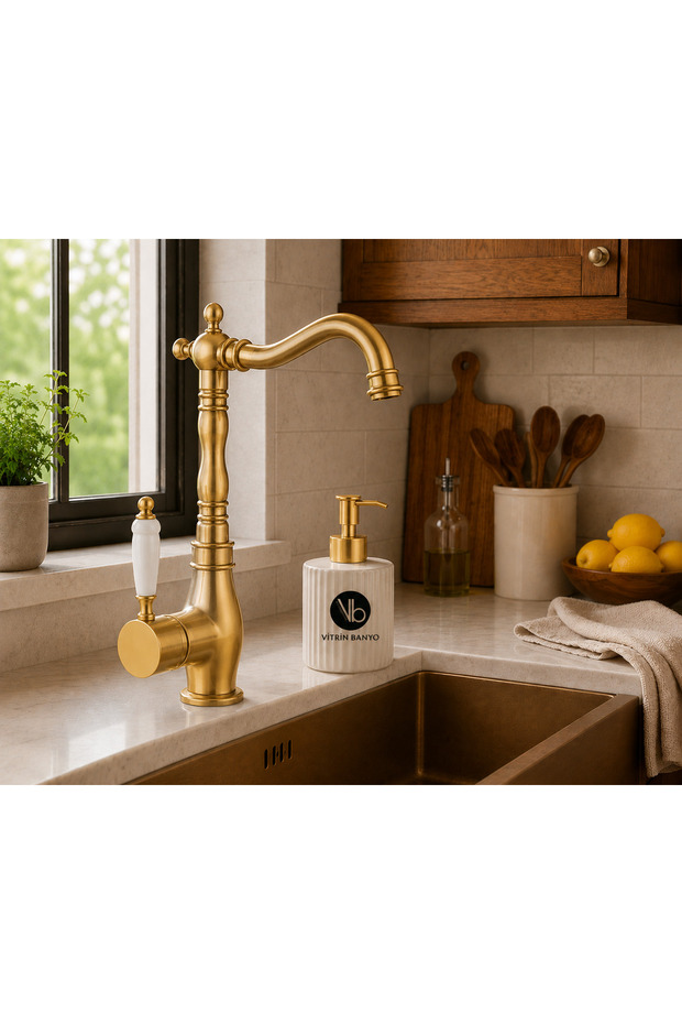 Reyhan Series Matte Gold Kitchen Sink Faucet with Porcelain Handle Retro Kitchen Faucet with Swivel Spout