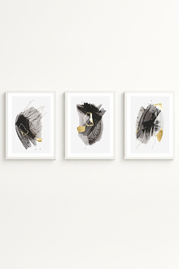 White Wooden Framed Minimalist Triple Painting Huhu208 - Triple Painting Set White Frame