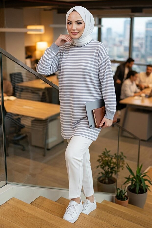 Striped Combed Cotton Tunic Gray Hm2917