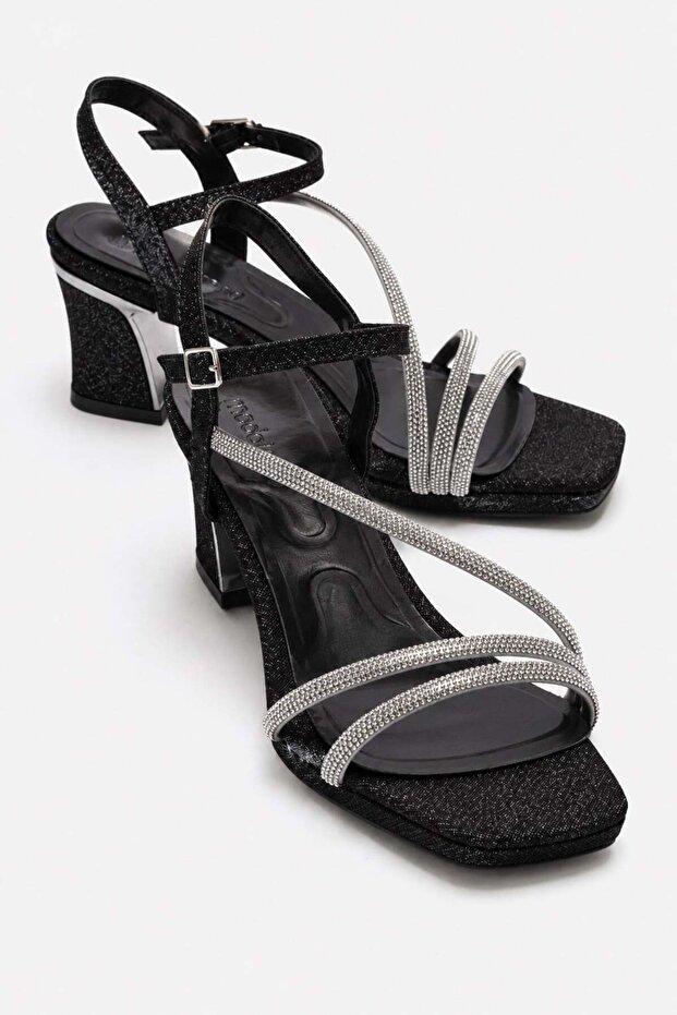Women's Cross-Strapped Heeled Sandals; Black Glitter