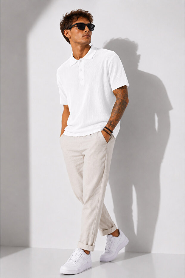 Men's Short Sleeve Ribbed Half Button Closure Polo Collar T-Shirt 26001