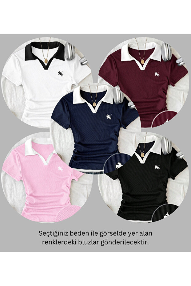 5 Li Soul Colorful Polo Collar Embroidered Gathered Blouse