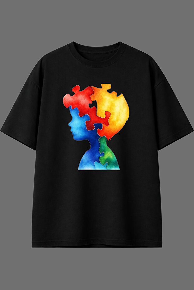 Puzzle Design Pre-Printed Black Oversize T-Shirt for Kids