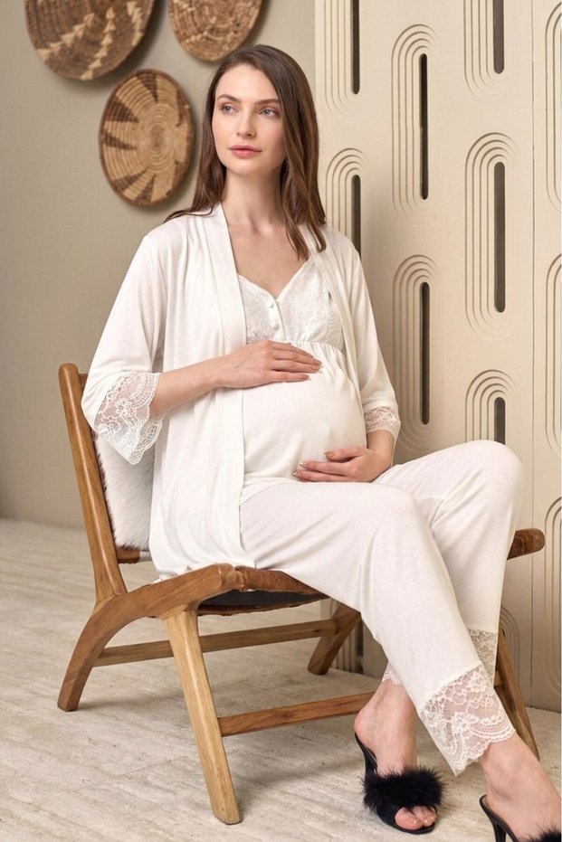 New Season Ecru Special Lace Detailed Design 100% Cotton Summer Maternity and Postpartum Dressing Gown Pajama Set with Straps and Nursing Features, Set of 3