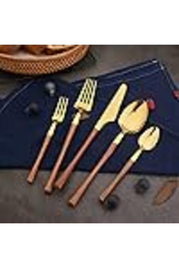 20-Piece Stainless Steel Flatware Set, Wood Handle Silverware for 4, Dishwasher Safe Gold