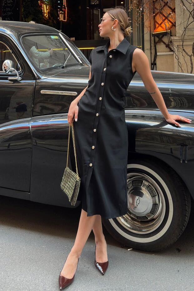 Black Vio Polo Collar Zero Sleeve Waist Draped Buttoned Women's Midi Dress