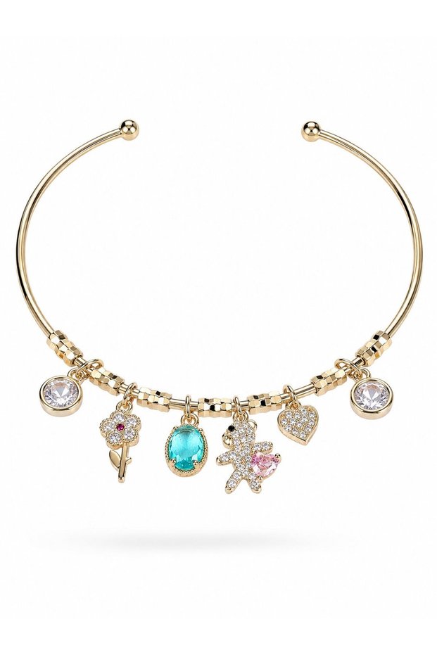 Brass Gold Color Hanging Zircon Stone Teddy Bear Figure Heart Detail Charm Women's Bracelet