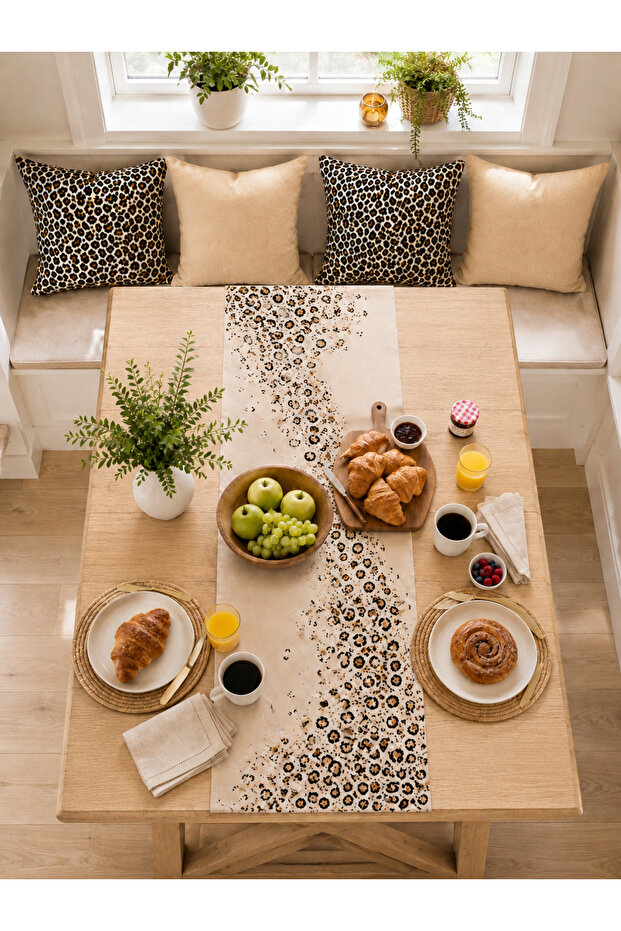 Black Beige Animal Patterned Modern Decorative Runner Tablecloth