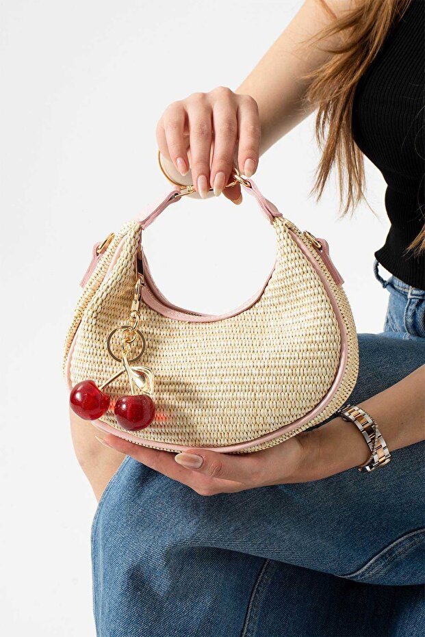 Women's Straw Cherry Charm Accessory Crossbody and Handbag with Adjustable Strap (Length 12 cm Width 22 cm)