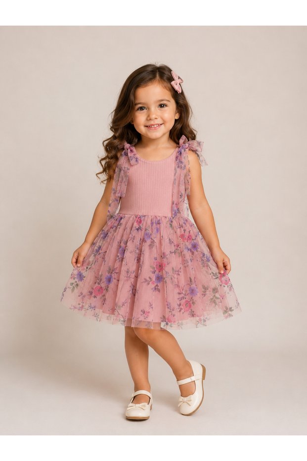 Girl Child Floral Patterned Colorful Pink -Lilac Summer Tutu Dress