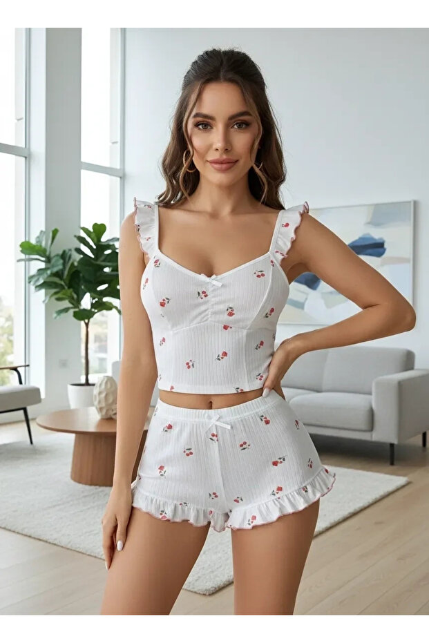 Women's Rose and Cherry Patterned Shorts Nightgown Set Stylish and Comfortable Design