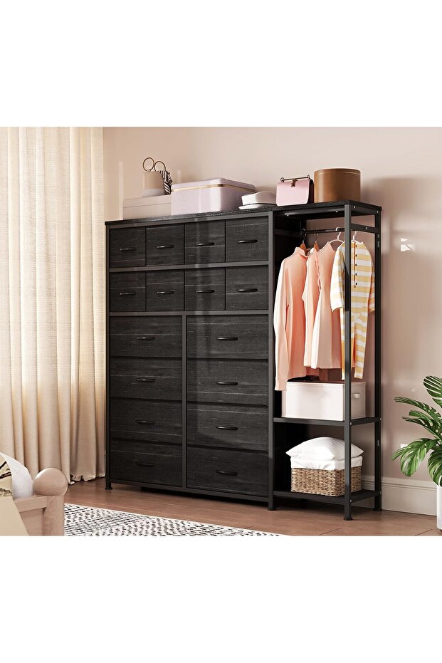 16 Drawer Storage Tower with Iron Frame and MDF Cloth, Tall Organizer Cabinet for Bedroom Living Room Closet, Black