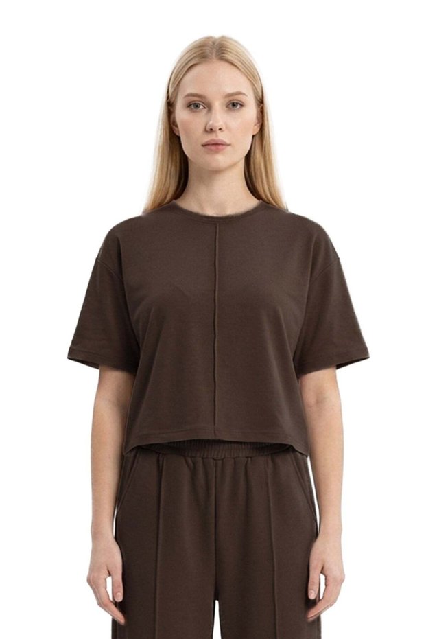 Premium - Sway Collection | Brown Modal Crew Neck T-Shirt with Ribbed Stitching Detail