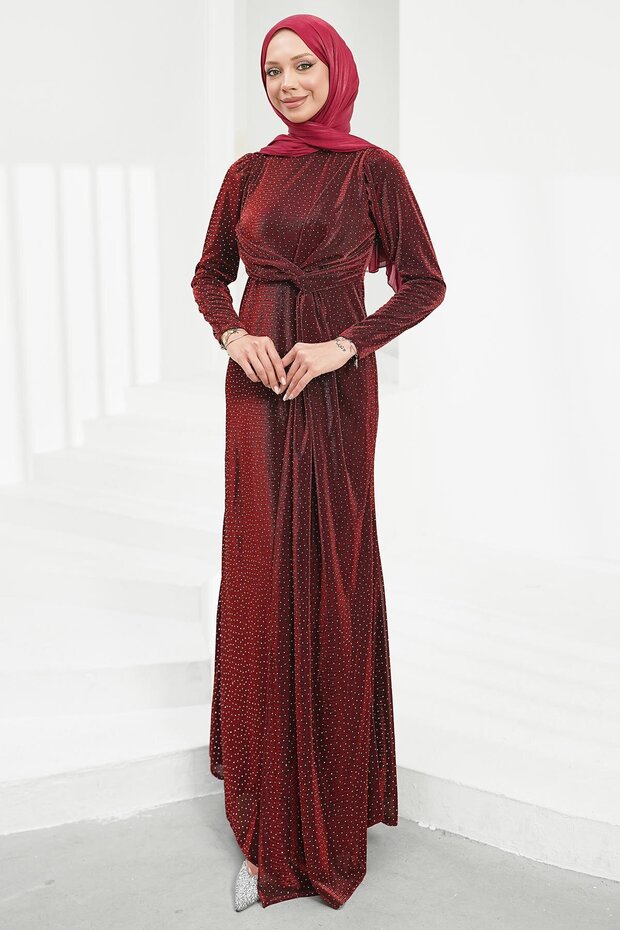 Burgundy Front Detailed Stoned Evening Dress