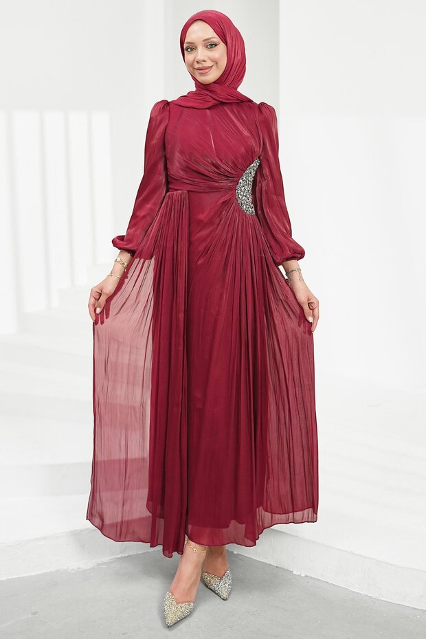 Burgundy Evening Dress with Elastic Sleeves and Stone Detail