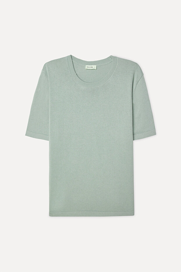 Men's Green Regular Fit Crew Neck Short Sleeve Knit Sweater
