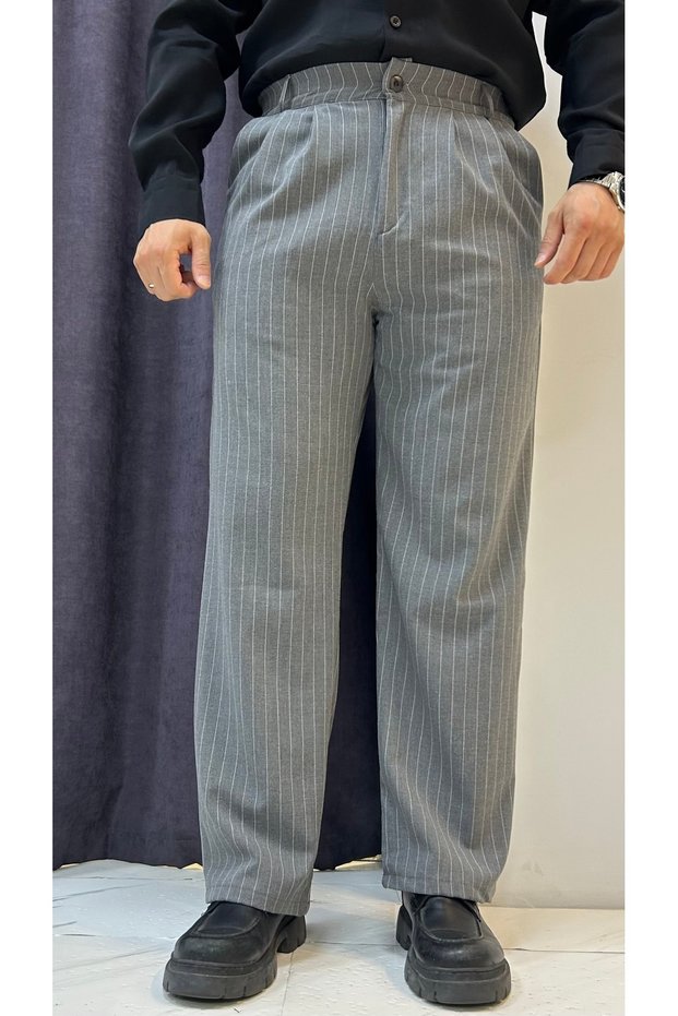 Striped Pleated Baggy Fit Fabric Trousers