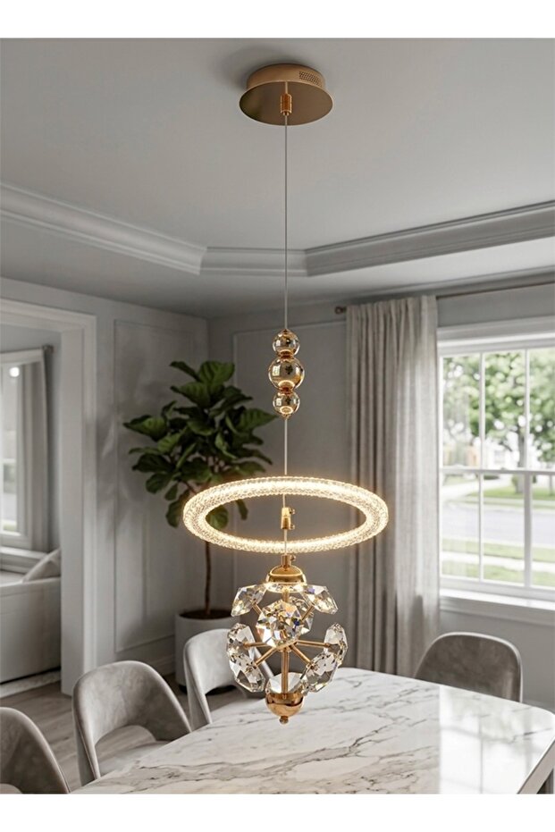 Modern Lighting, Single pendent Light, Diamond crystal, 2 side LED 3 color mode(from top & down), Gold color, 100x30x25 cm, suitable for bedroom, kitchen, bedside, Adjustable height.
