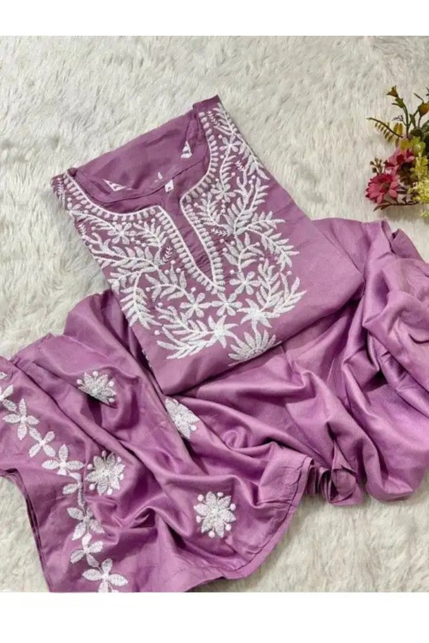 Purple Pure Rayon Cotton Lucknowi Style Co-Ord Set - FFT8105 | Purple