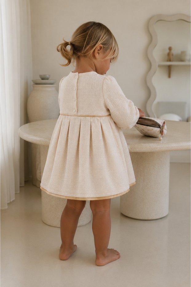 Knitted Detailed Bowknot Ecru Cotton Girls' Dress