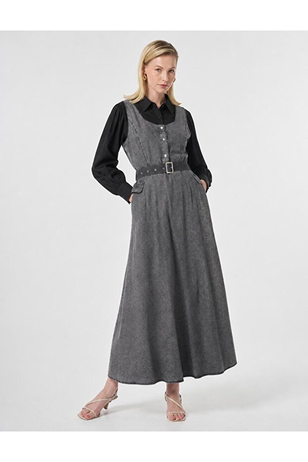 Belt Detailed Denim Dress Anthracite