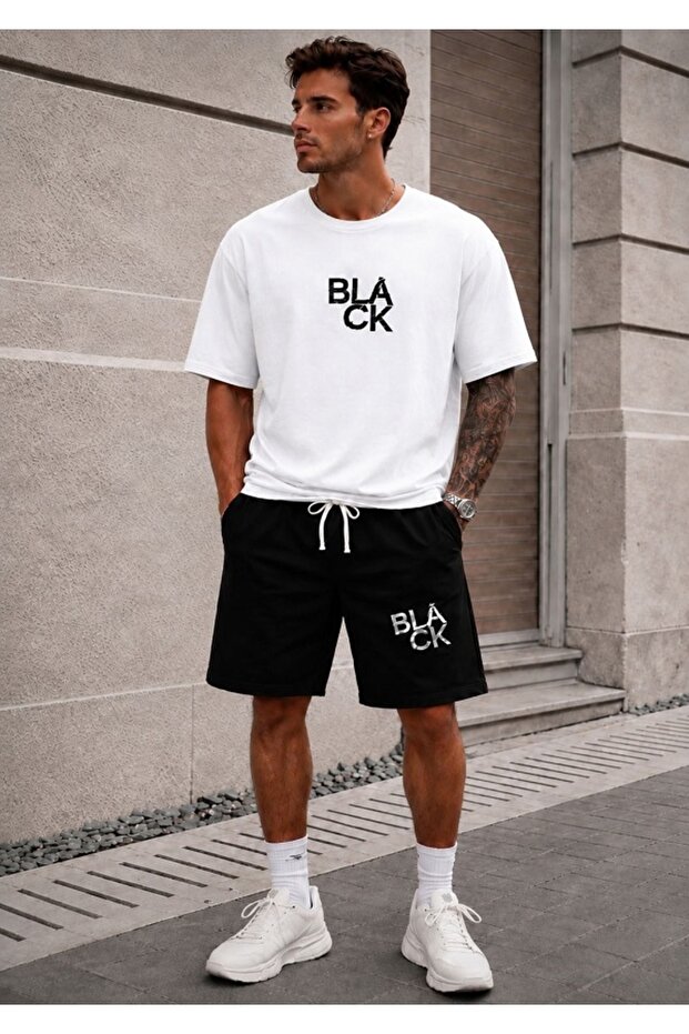 Unisex Wide Cut T-Shirt and Shorts Black Print Set