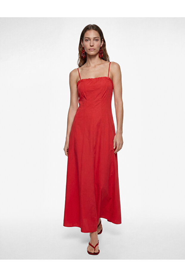 Cotton Tie-Up Ruffled Rope Strap Midi Length Poplin Dress