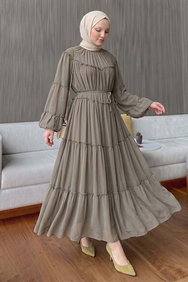 Chiffon Ruffle Dress 9886 - Stone Gray