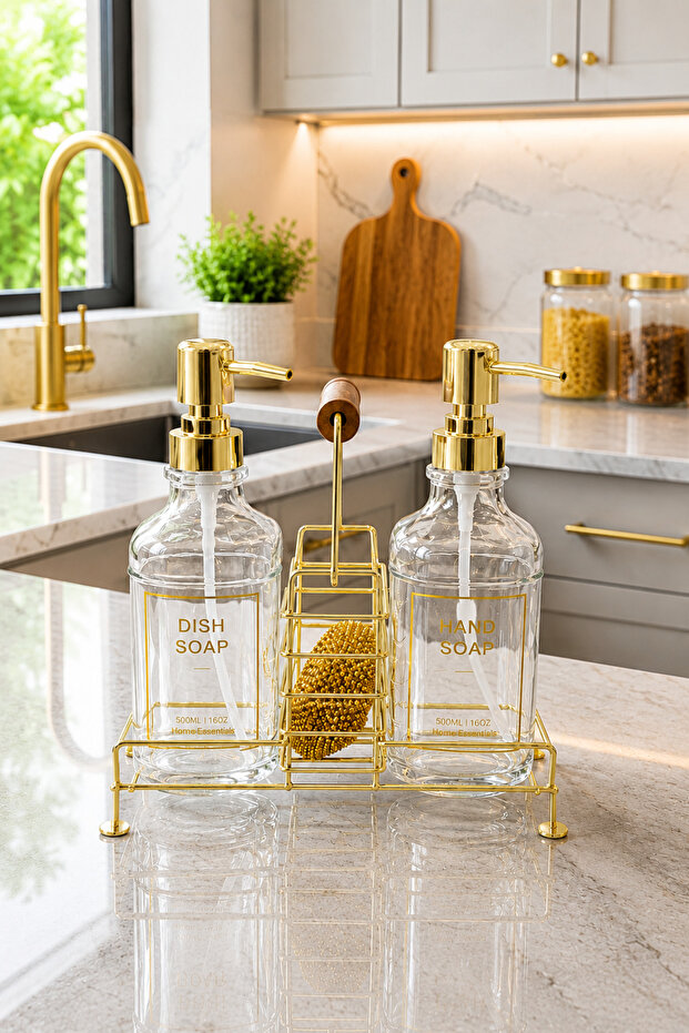 Gold Color Kitchen Liquid Soap Dispenser with Stand, Glass Bottle Soap Dispenser with Sponge, Kitchen Organizer 500 ml