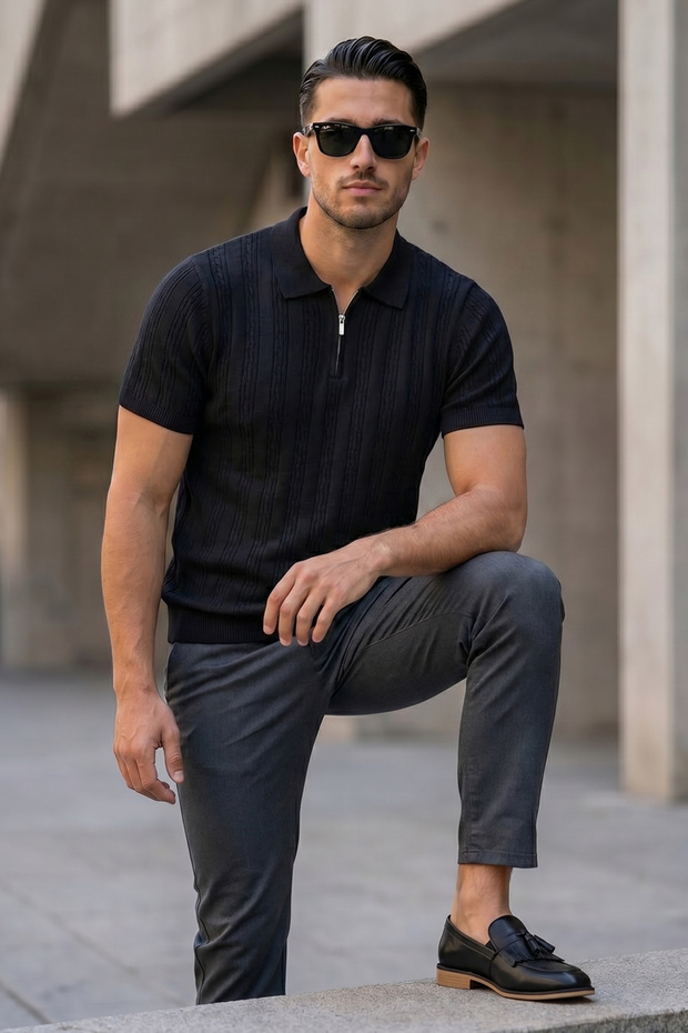 Black Polo Collar Half Zipper Knitwear Men's T-Shirt