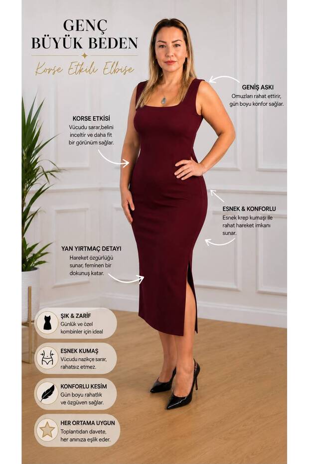 Women's Burgundy Square Neck Thick Strap Midi Pencil Dress with Slit Detail