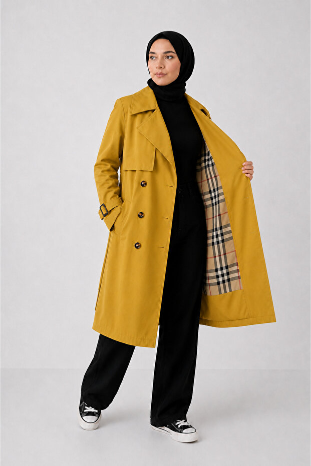 Women's Long Trench Coat Belted Plaid Lined Buttoned Water and Wind-Resistant Stylish Outerwear