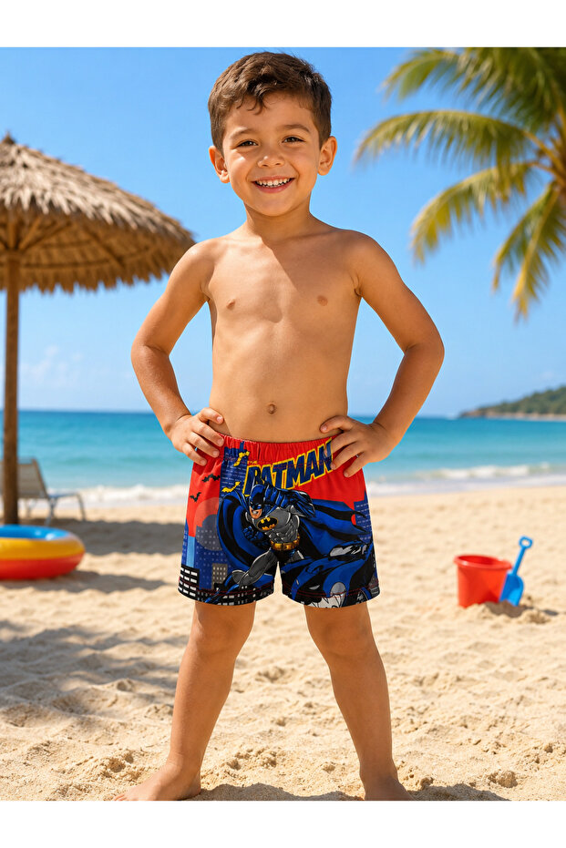 Boy's Navy Blue Color Figure Patterned Tight Weave Quick Drying Swim Trunks