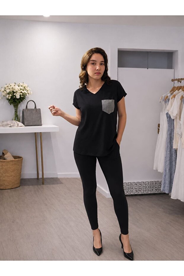 Stone Pocket V-Neck Black Basic Blouse - 2