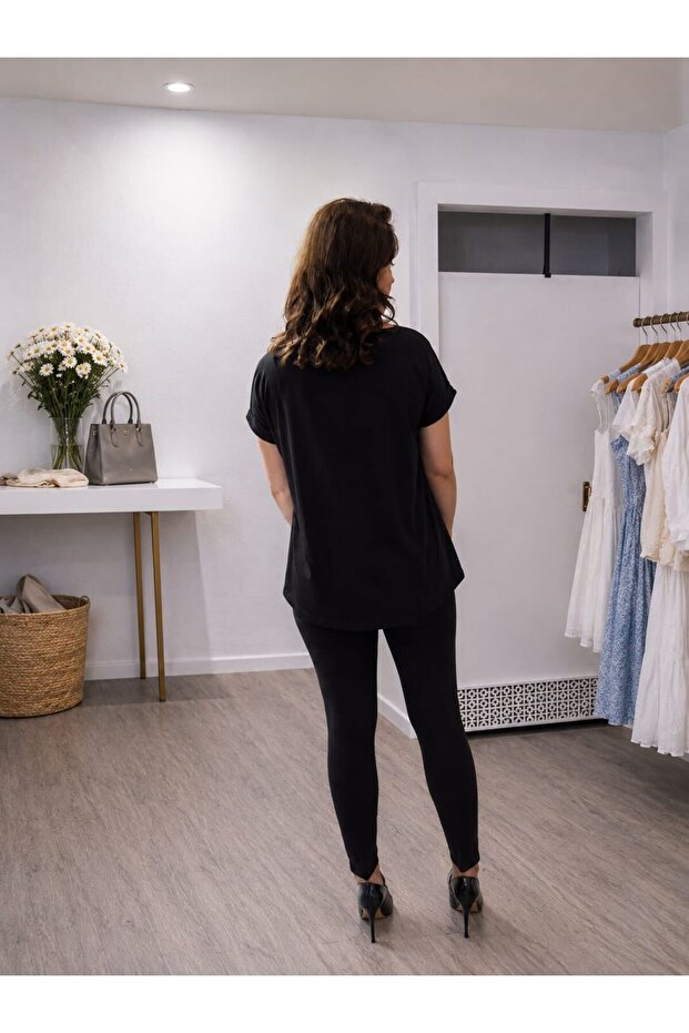 Stone Pocket V-Neck Black Basic Blouse - 4