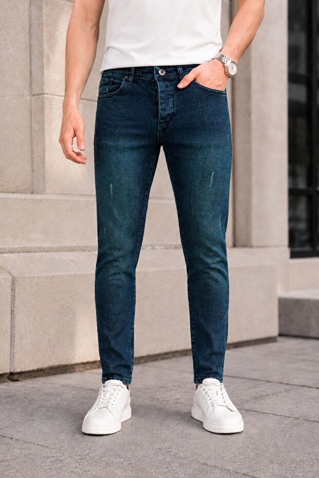 Men's Green Jean Trousers Slim Fit Lycra Narrow Leg Five Pocket Laser Denim