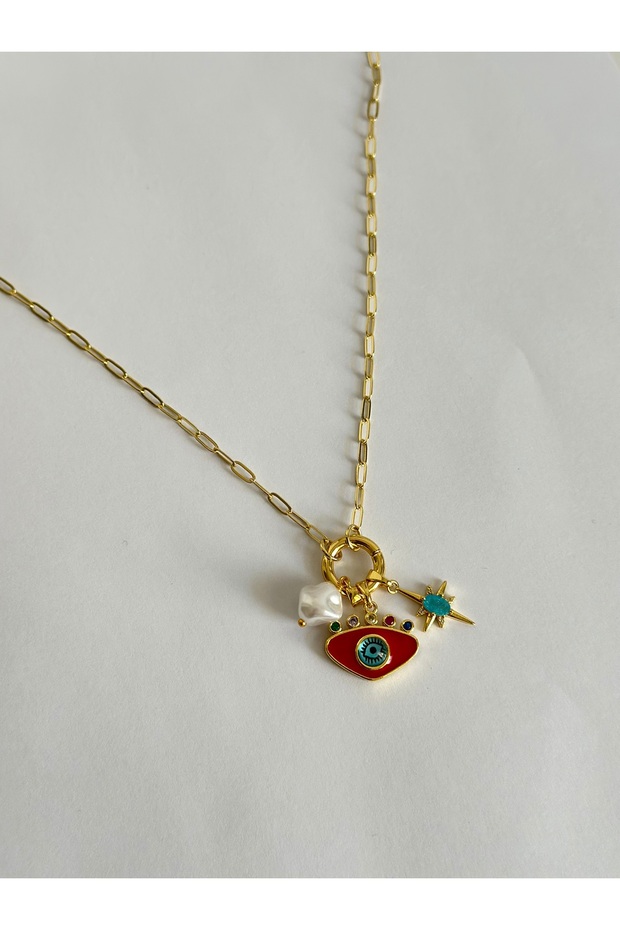 Steel Paperclip Chain Openable Ring Charm Necklace (Eye, Pearl, Sirius)