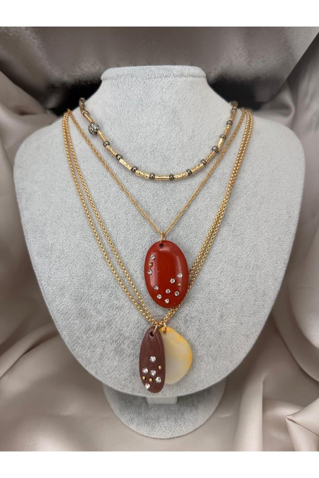 Layered Gold Chain Necklace with Resin Stones and Stone Embellishments Stylish Women's Accessory