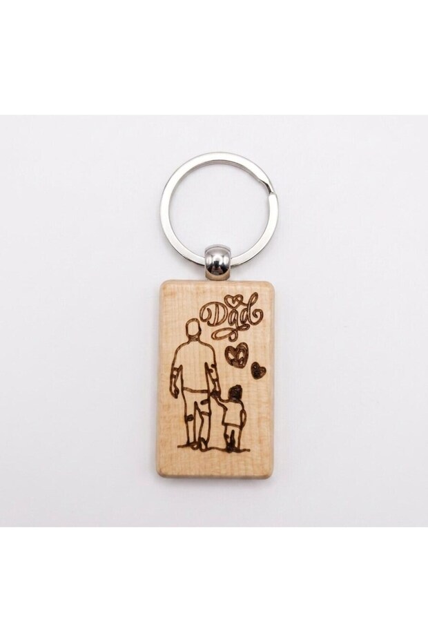 Personalised Wooden Keychain for Dad, Laser-Engraved Father and Child Silhouette, Double-Sided Custom Message, Natural Wood