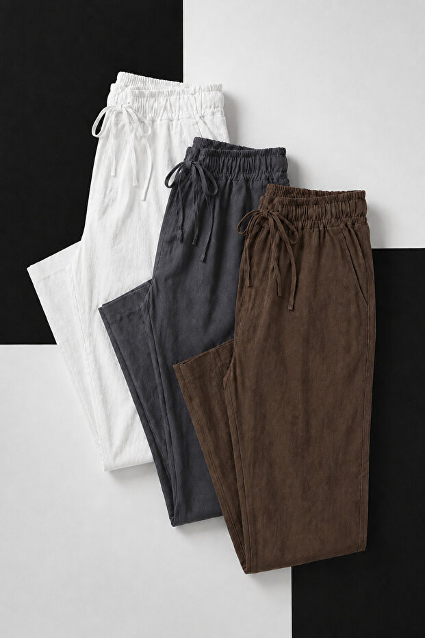 Men's 3-Piece Linen Trousers with Elastic Waist