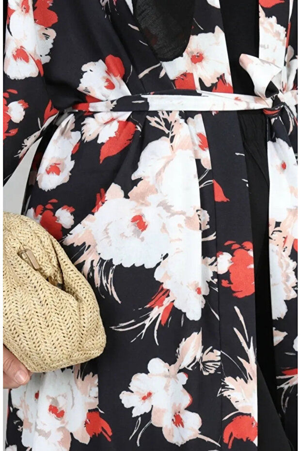 Patterned Belted Kimono 1908-02 Black - 4