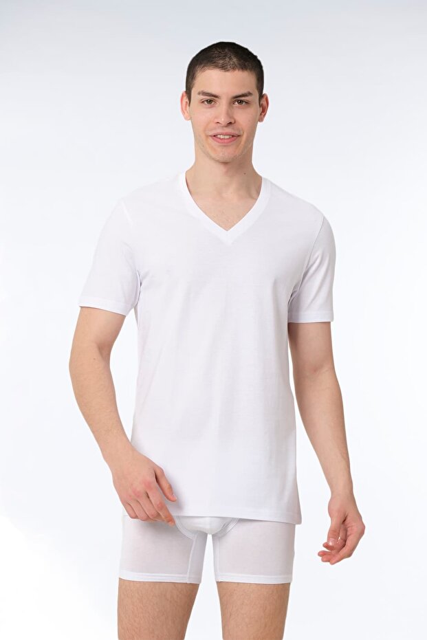 Men's Cotton V-Neck Short Sleeve Colorful Undershirt 2-Piece - 412-(440)