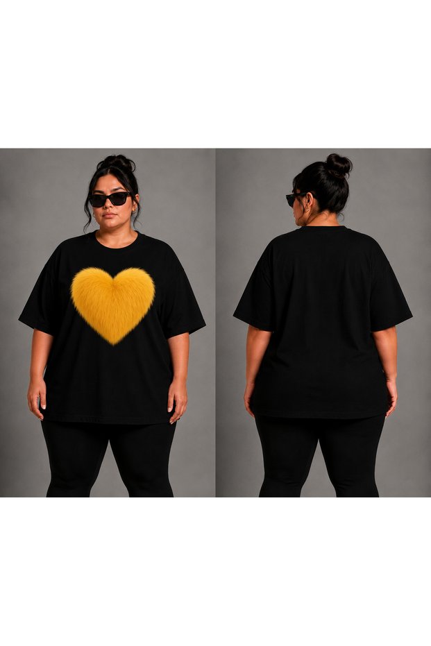 Women's Oversize T-Shirt Yellow Heart Printed 100% Cotton T-Shirt Large Size Comfortable Fit
