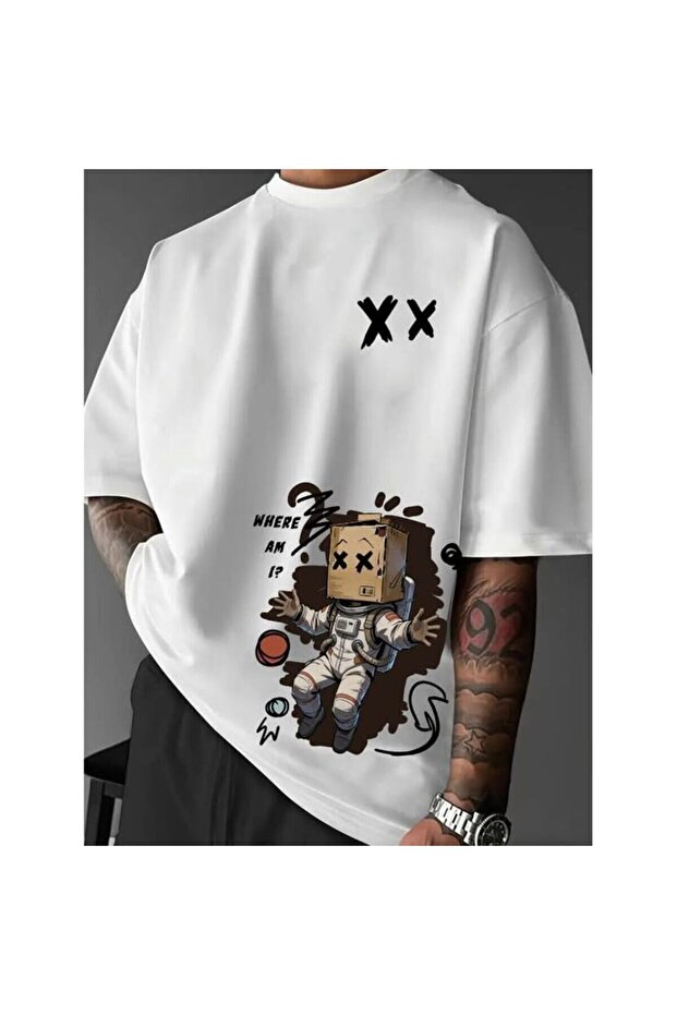 Oversize Printed Unisex T-Shirt | Bicycle Collar | White