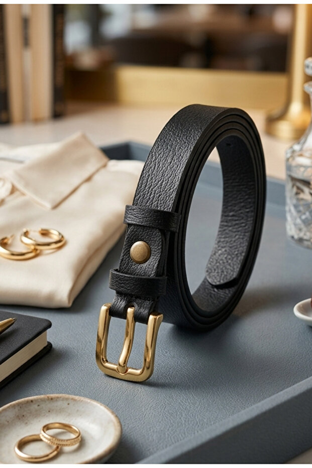 Women's 100% Genuine Leather Black Classic Dress and Jeans Belt Width 1.80 cm