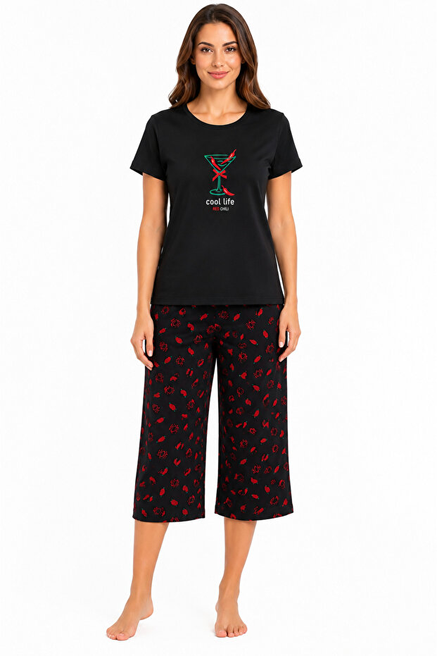 52806-26 Women's Compact Combed Cotton Pajama Set with Chili Print, Soft Fabric, Comfortable Home Wear